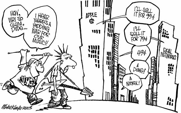 Music Bidding War - Mike Keefe Political Cartoon, 06/02/2003