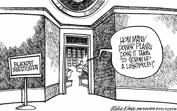 Blackout Investigation - Mike Keefe Political Cartoon, 08/23/2003