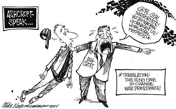 Ashcroft Warning - Mike Keefe Political Cartoon, 05/28/2004