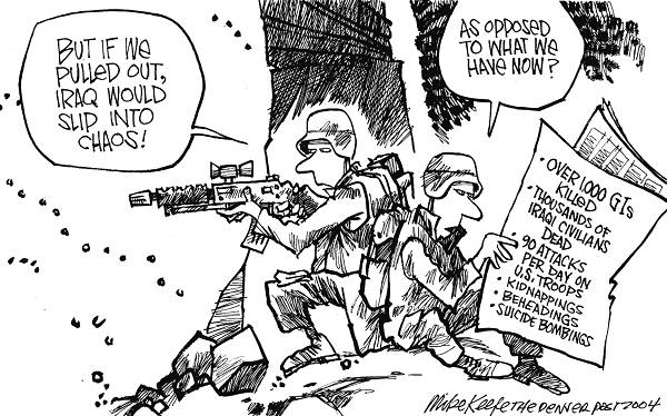 Chaos in Iraq - Mike Keefe Political Cartoon, 09/12/2004