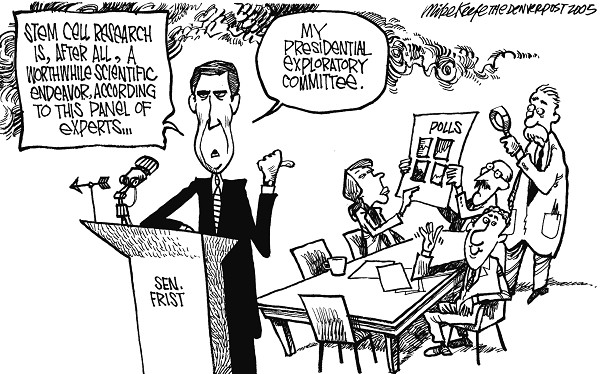 Frist Flops on Stem Cells - Mike Keefe Political Cartoon, 08/04/2005