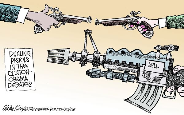 Dueling Pistols - Mike Keefe Political Cartoon, 01/27/2008