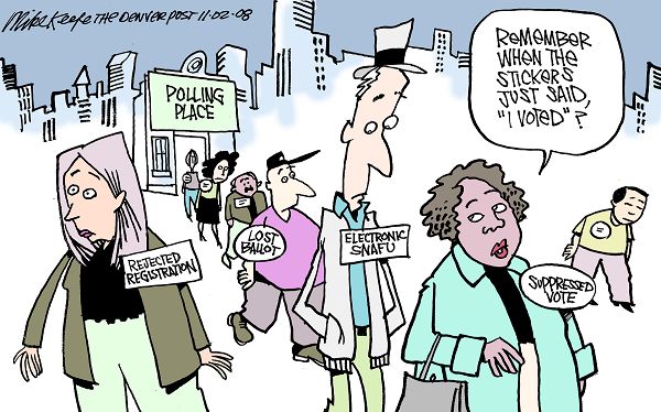 Polling Place Stickers - Mike Keefe Political Cartoon, 11/02/2008