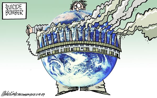 Global Suicide Bomber - Mike Keefe Political Cartoon, 11/14/2009