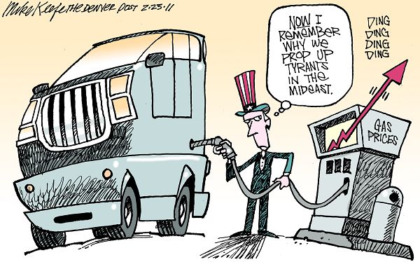 Gas Prices and Mideast Turmoil - Mike Keefe Political Cartoon, 02/23/2011